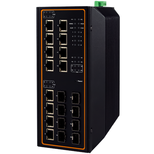20-Port High-Bandwidth Industrial Managed Gigabit PoE Switch Up to 16 10/100/1000 RJ45 ports or 100/1000 BASE-X SFP slo